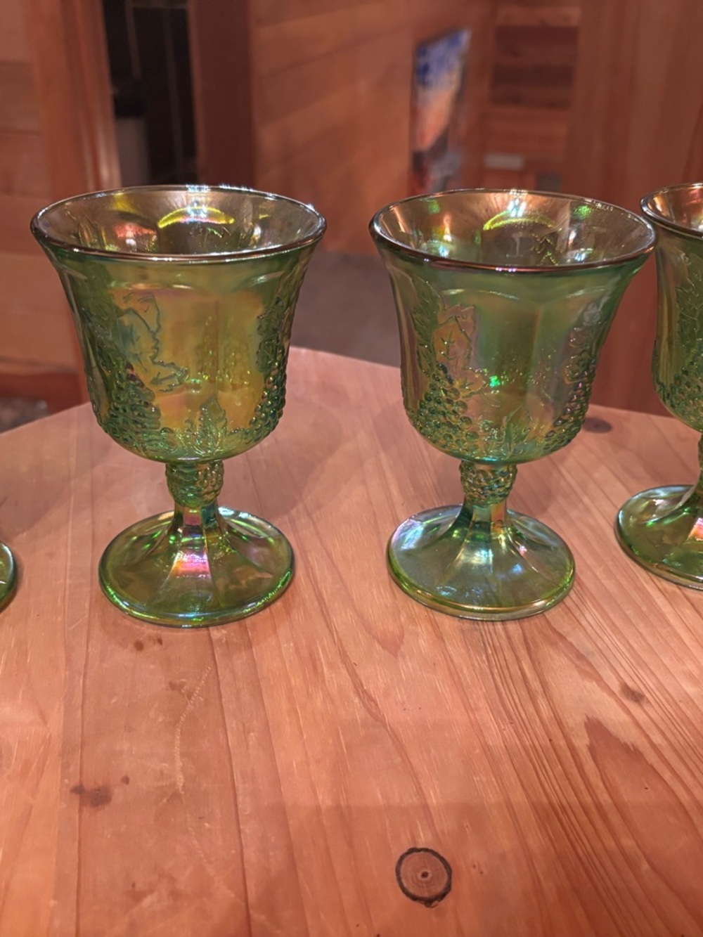 Green Pressed Glass Goblets with Grape Motif - Set of 4